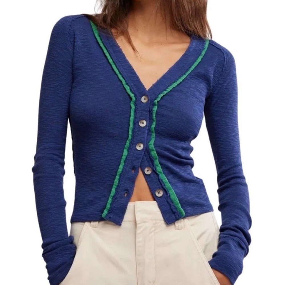 Free People We the Free MEDIUM Tipton Cardigan Button Down Blue Green Preppy